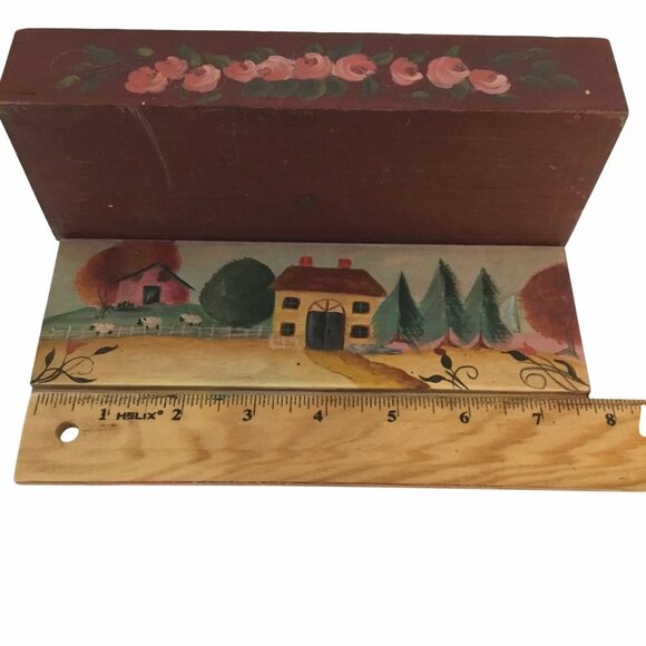Hand Painted Wood Slide Top Box Cottage Farm Scene Teacher Gift Vintage Decor 8" - Picture 3 of 6